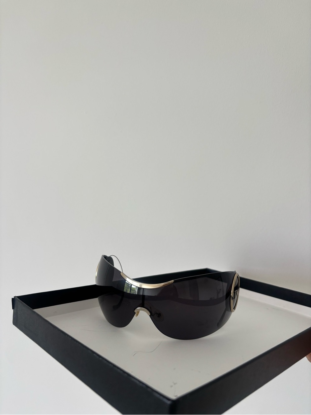 Dior Black Shield Sunglasses with Gold Logo Medallions - Picture 2 of 3